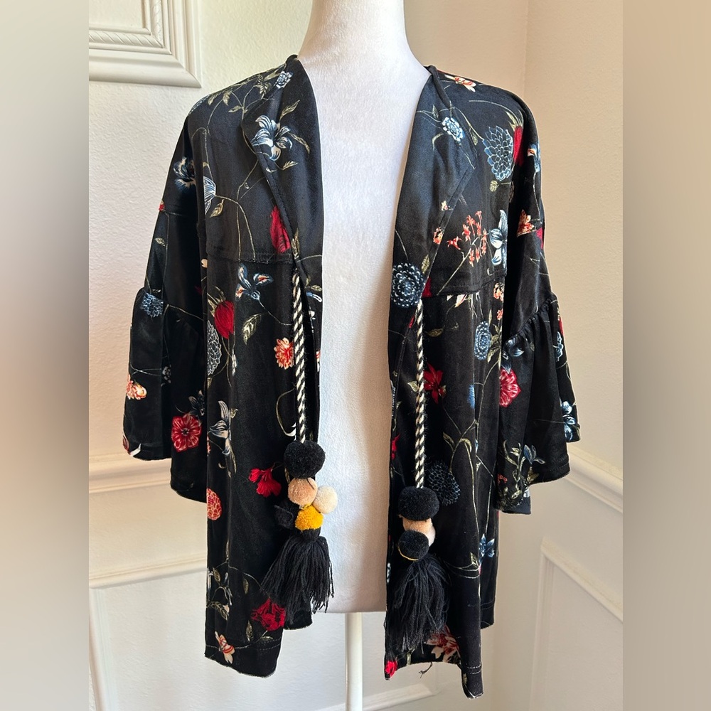 See And Be Seen Vibrant Floral Black Top with Tassels, Size Small, NWOT